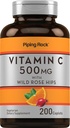 Piping Rock ויטמין C | 500 מ"ג | 200 קפסולות | עם רוז HIPS | Vegetarian, non-GMO, Gluten Free Supplement