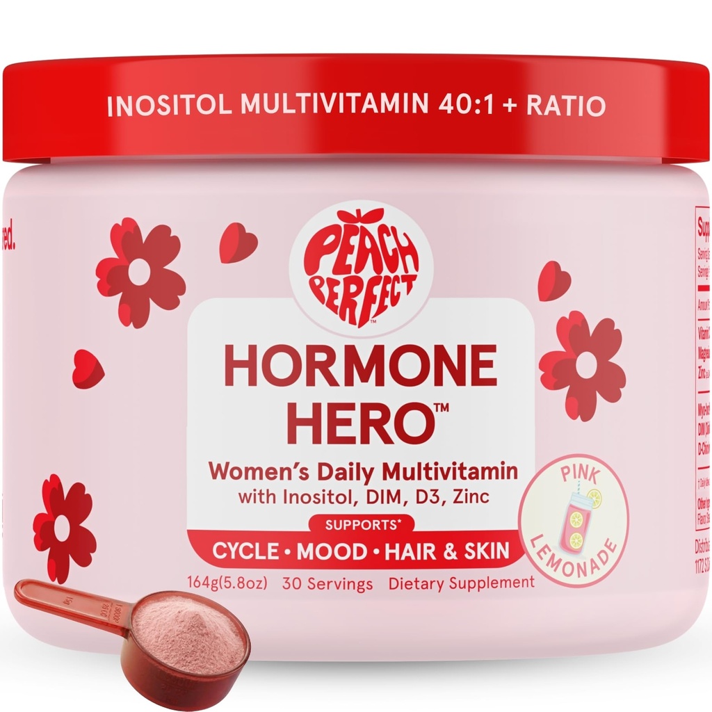 Peach Perfect Inositol אבקת Multivitamin, פינק Lemonade Flavor - 4g Myo & D-Chiro Inositol, DIM, Zinc, Magnesium Glycinate, ויטמין D3 - תומך בריאות נשים, מחזור, אנרגיה, 30 SVG