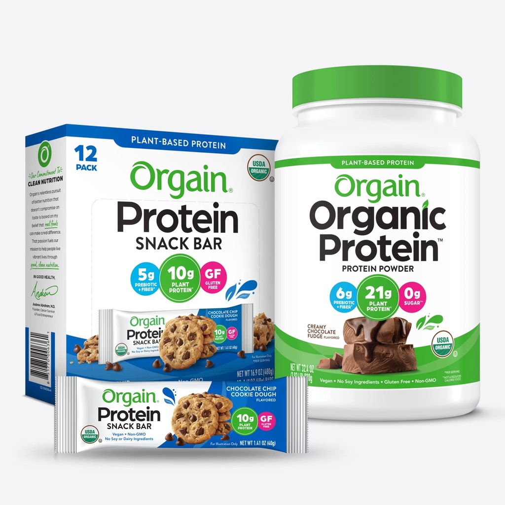 Orgain אורגני אבקת חלבון וחלבון Bars Bundle (2.03lb + 12 Count)