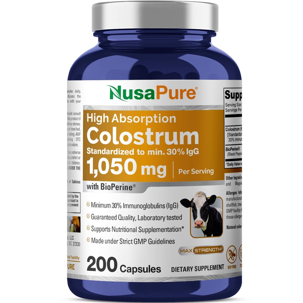 NusaPure Colostrum 1050 1050 1050 1050 של 30% IgG 200 כמוסות (Non-GMO, Soyfree) Bioperine