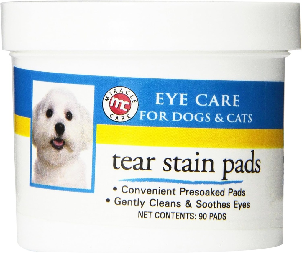 Miracle Care Tear Stain Pads, 90 Single Use Pre-Soaked Pads to Gently נקייה ו-Soothe Dog and Cat Eyes, Un Sting Formula to Improve Tear Stains and Remove Eye Debris