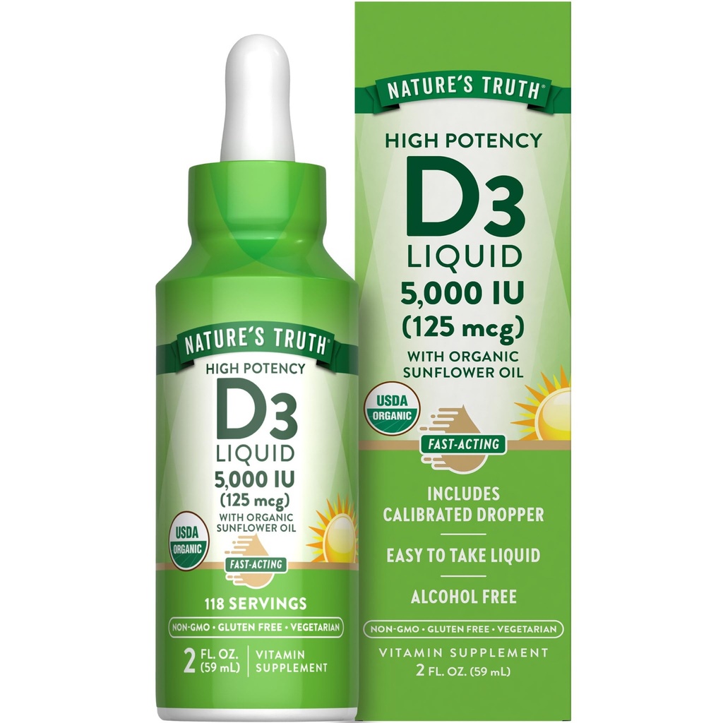 אמת ויטמין D3 נוזלי | 5000 IU | 2 fl oz | Non-GMO ו- Gluten Free Supplement