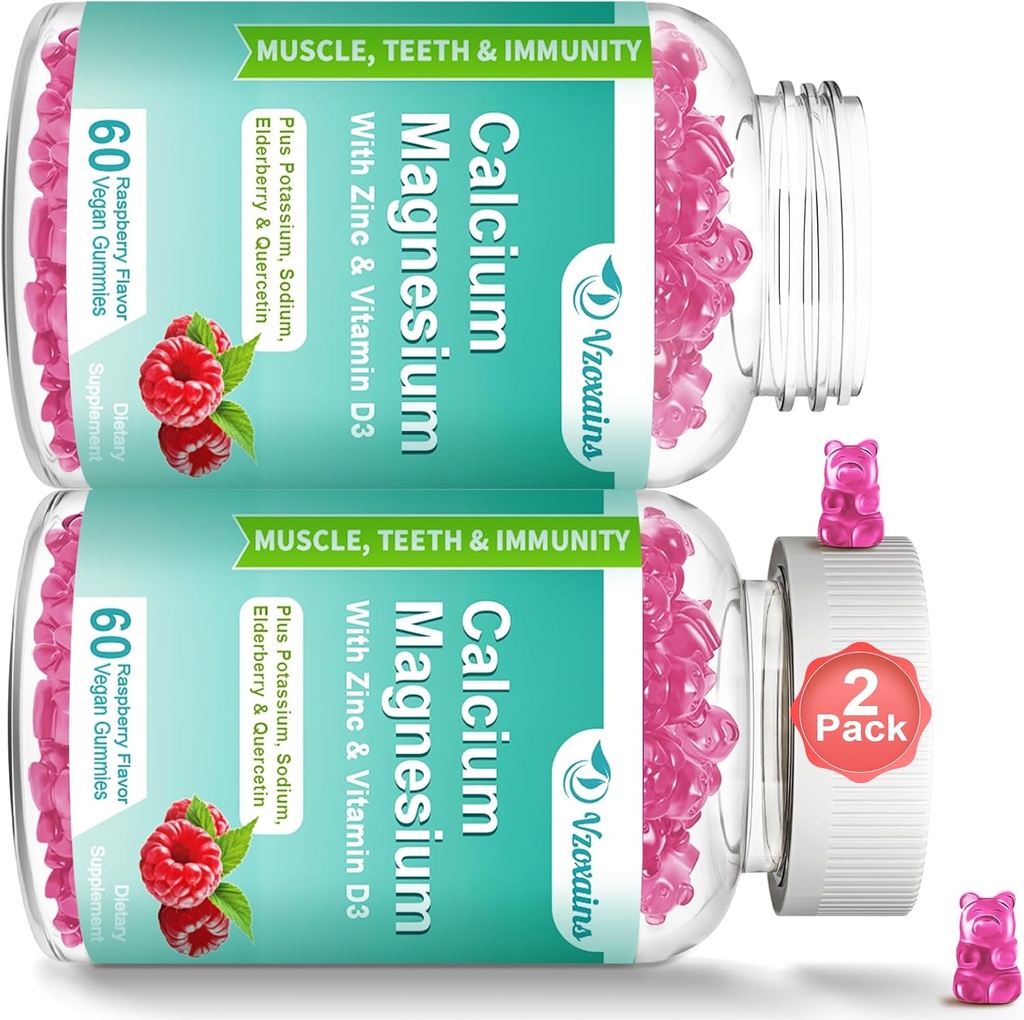 High Absorption Calcium Magnesium Zinc Gummies with Magnesium Glycinate 400 מ"ג, סוכר חינם Calcium Magnesium Magnesium כוח העצם & השיניים, תפקוד שרירים - טבעוני, הרוזן 120