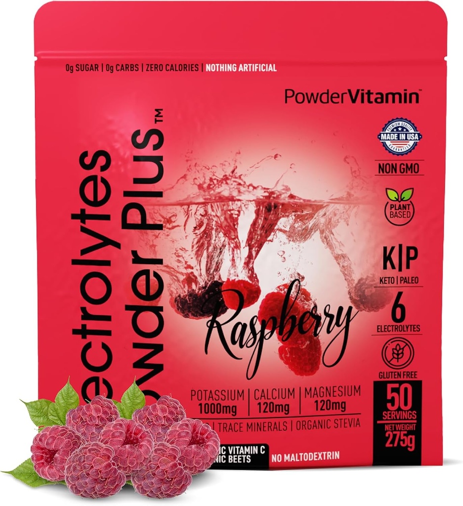 אבקהVitamin אלקטרוליט אבקת פלוס (50 משרתות) אבקת Raspberry Electrolyte אבקת Zero Calorie Keto, 0 סוכר, No Maltodextrin, 1000mg Potassium, 120 מ"ג Calcium, 120 מ"ג מגנזיום, אבקת hydrotion, hydrotion אבקה