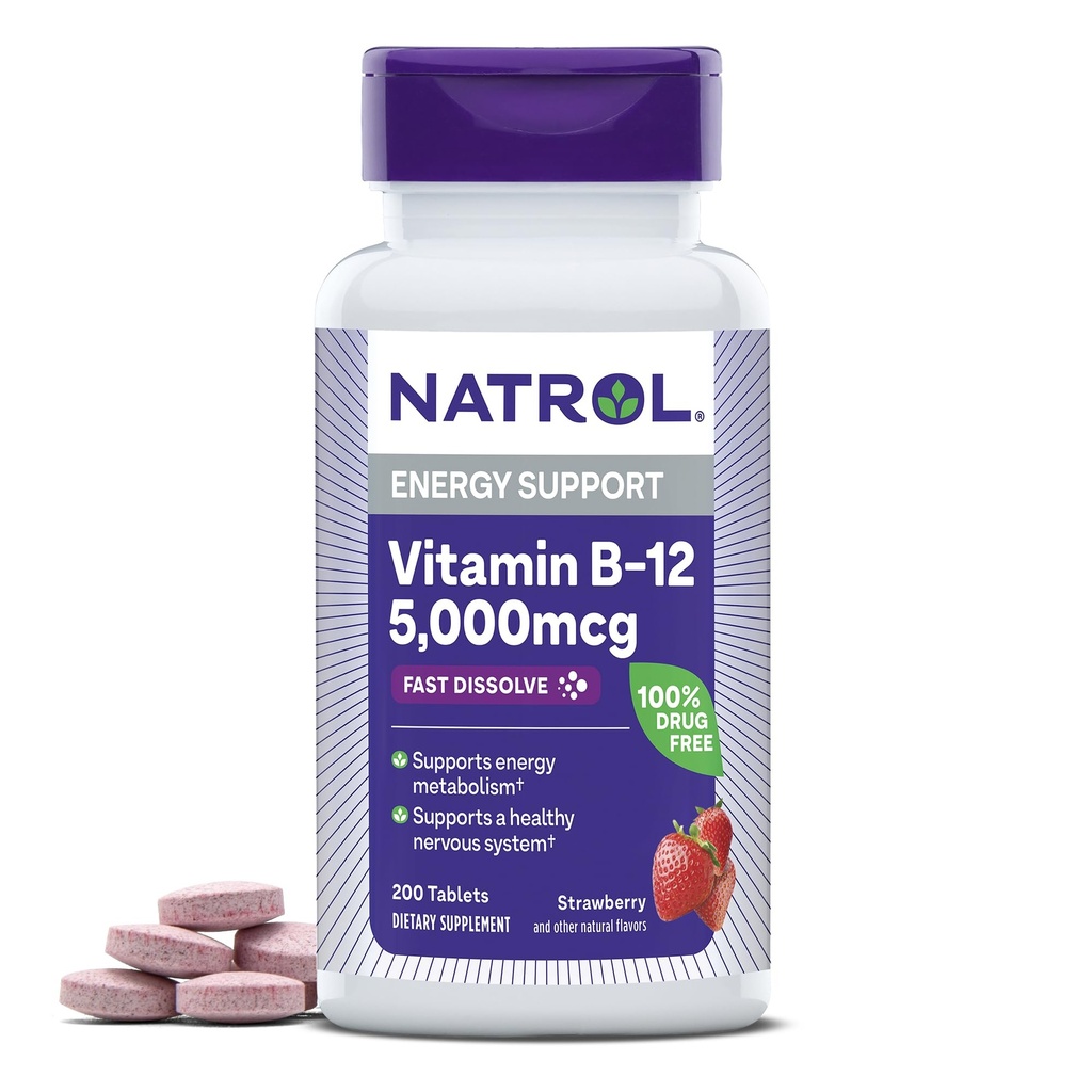 צריכת ויטמין B12 5,000 mcg, תוסף ויטמין B12 מהיר תומך במערכת עצבית בריאה ואנרגיה מטבוליזם, 200 טבליות, עד 200 יום אספקה