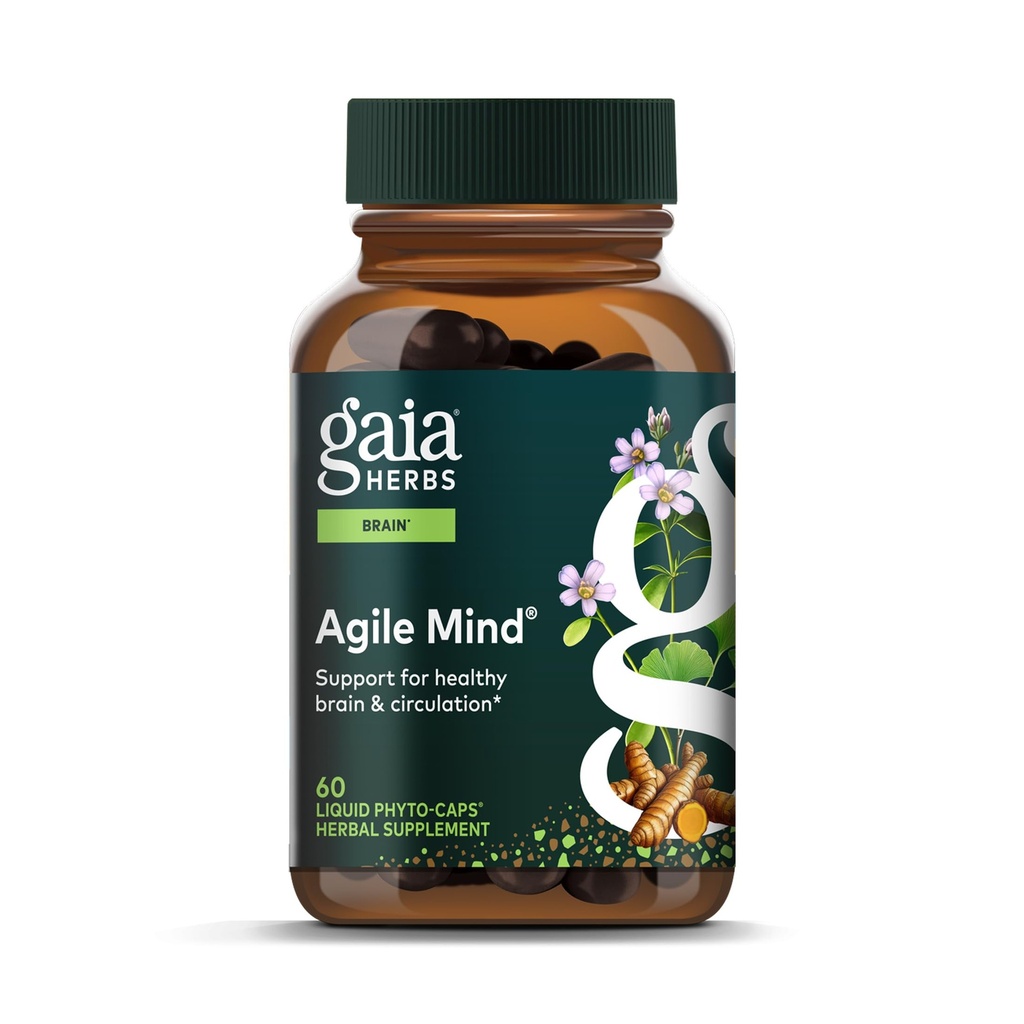 גאיה Herbs Agile Mind - Brain & Cognitive Support Herbal Supplements - עם שורשים אורגניים Turmeric Root, Bacopa, Black Pepper, וג'ינקגו בילובה - 60 נוזל Phyto-Capsules (30 יום אספקה)