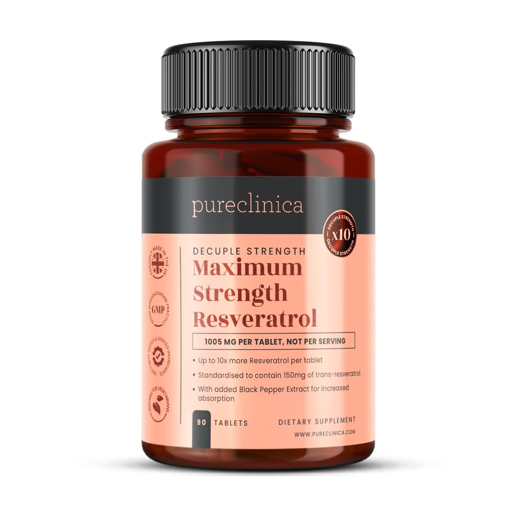 Pureקלינה 1000mg Resveratrol x 90 טבליות (3 חודשים אספקה). 10 X Power with Black Pepper Extract for Faster Absorption