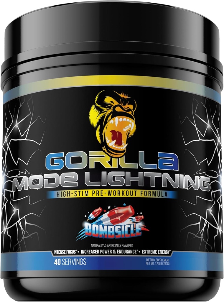 Gorilla Mode Lightning Pre-Workout - אנרגיה קיצונית - Focus - Powerful Pumps - Peak Performance - 550mg Caffeine, 13500 מ"ג L-Tyrosine, Alpha-GPC- 792g (Bombsicle)