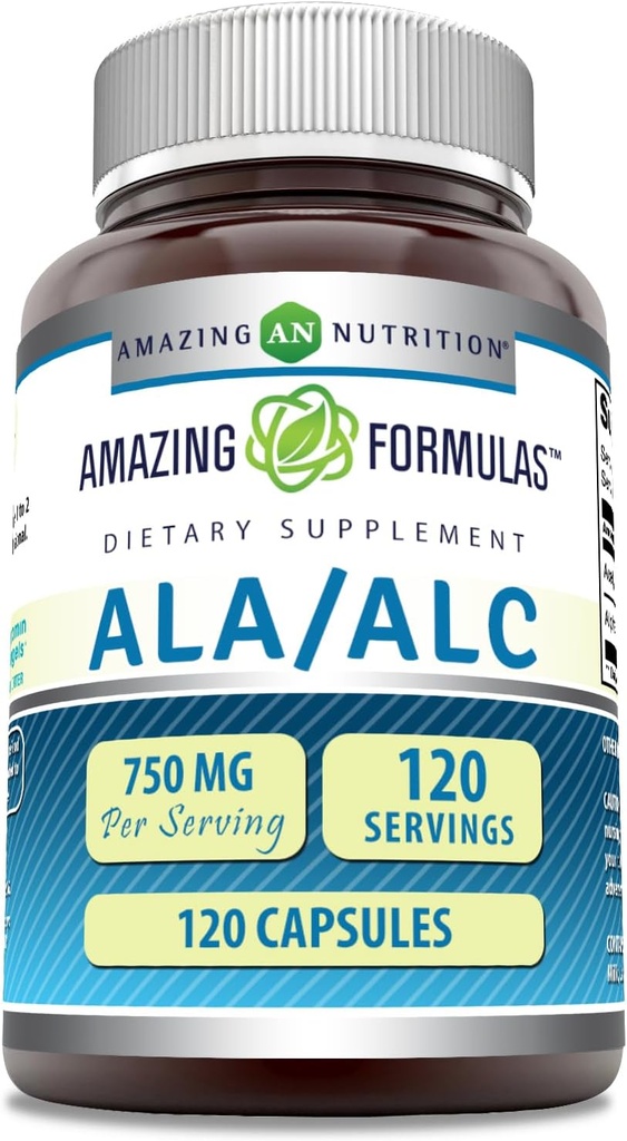 פורמולה מדהימה ALA /ALC (Alpha Lipoic Acid / Acetyl L-Carnitine) תוסף | 750 Mg Per | קפסולות | Non-GMO | Gluten-Free | Made in USA (1 Pack, 120 Count)