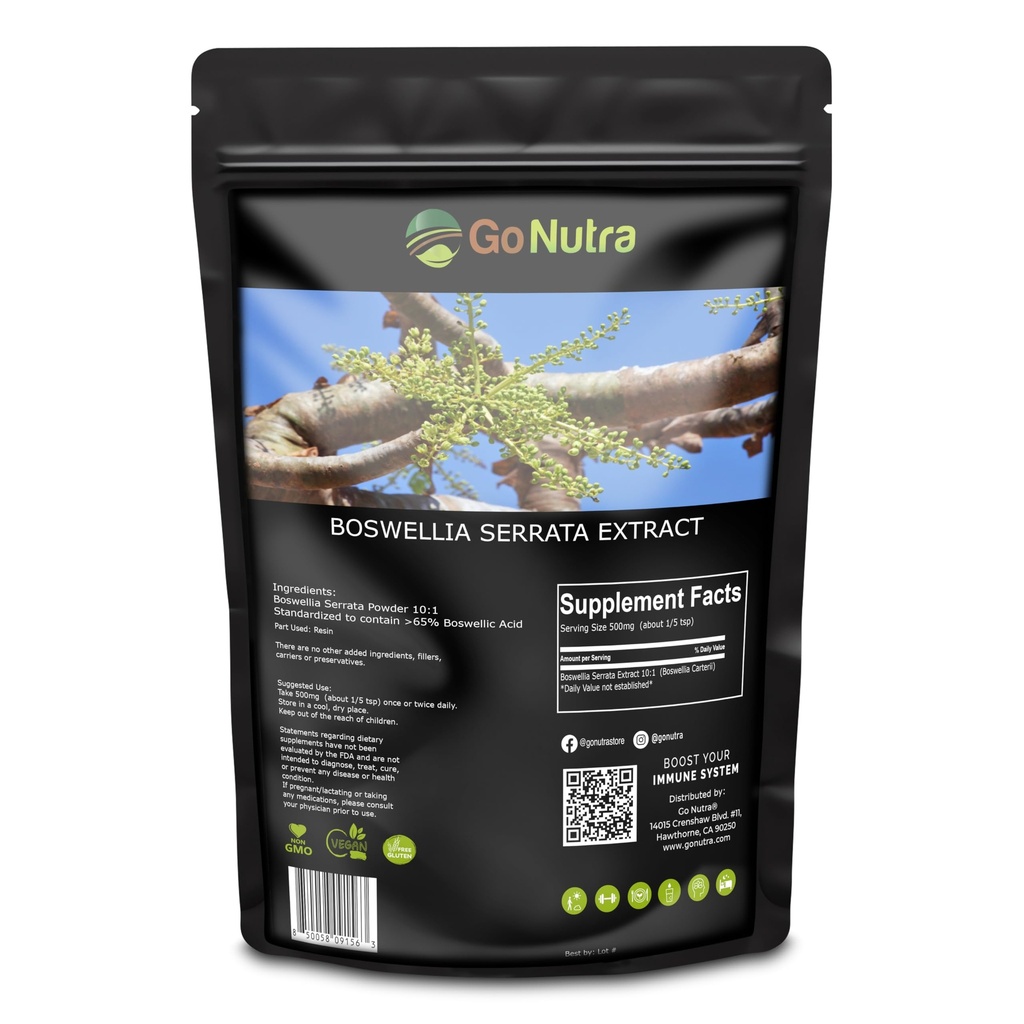Go Nutra Boswellia Serrata לחלץ אבקה 10:1 חיזוק 65% Boswellic Acid Frankincense תוספת תמיכה משותפת - 8 oz.