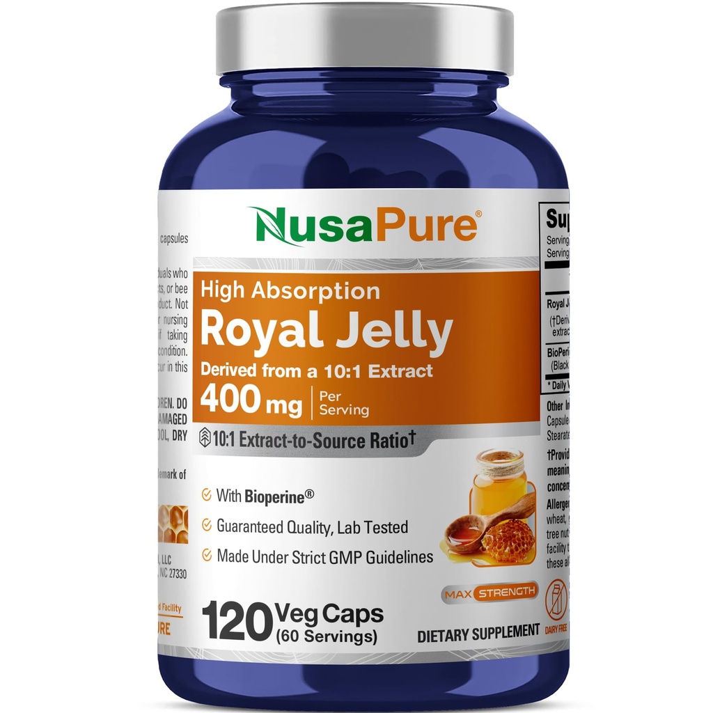 NusaPure רויאל Jelly 10:1 לחלץ, 400 מ"ג שווה ל 4000 מ"ג - 120 קפסולות Veggie (Non-GMO, Gluten Free, Bioperine)