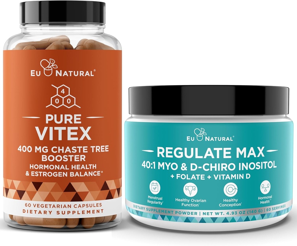Vitex Chasteberry קפסולות & Regulate Max Myo-Inositol D-Chiro Inositol אבקת - Natural PMS & פריון תמיכה, הורמון איזון, מחזור - 60 טבעוני Soft Capules + 60 משרתים אבקת Inositol