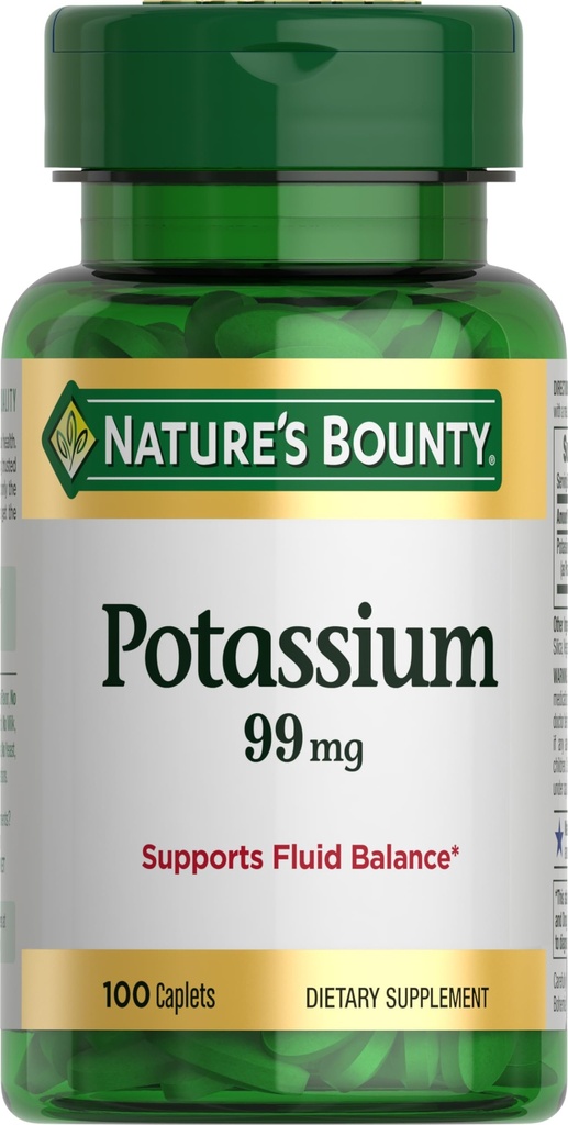 Nature's Bounty Potassium 99 מ"ג, תומך ב- Fluid Balance ופעילות השרירים, מעורב בתפקוד הלב הרגיל, תוסף דיאטנית Potassium Gluconate Dietary, Gluten Free, 1 Per Day, 100 Vegetarian Caplets