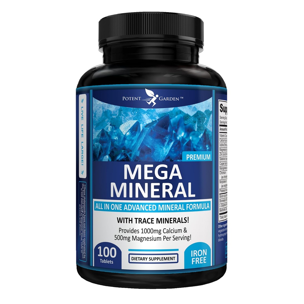 Garent Garden Mega מינרלים מורכבים עם Calcium Magnesium Zinc Potassium Boron Selenium Chromium & 72 Trace מינרלים ברזל חינם Calcium תוסף 100 גלולות