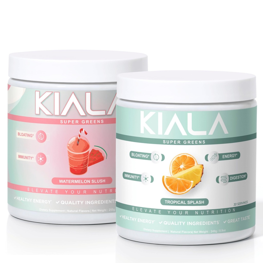 Kiala Nutrition Super Greens, אורגני ירקות אבקה, Spirulina & Chlorella Superfood, Sugar & Gluten חינם טבעוני, Spectra Band, Watermelon & טרופי Slush 2 Pack