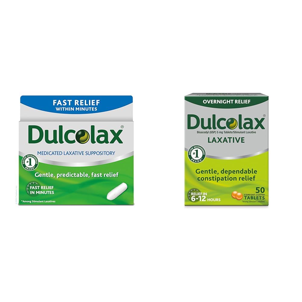 Dulcolax מהיר הקלה Medicated Laxative Suppositories Fast Relief, Rectal Use Only, Bisacodyl, 10 מ"ג & Overnight הקלה Laxative עבור Gentle Constipation הקלה, Bisacodyl 5 מ"ג טבליות, 50 Count Count Countdyl