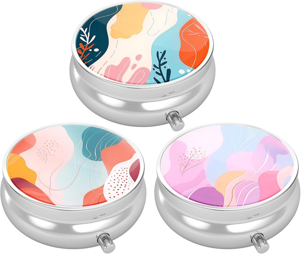3 Pack Pill Box, Small Pill Case for Purse & Pocket, מארגנת רפואה חמודה, Portable Medicineer Holder כדי להחזיק ויטמינים, תרופות, שמן דגים ותוספים, סגנון אמנות