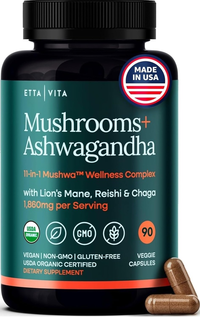 USDA Organic Lions Mane תוספי קפסולות עם Ashwagandha, Chaga, Reishi, Cordyceps, טורקיה Tail (18,600 מ"ג /serv) 10x Fitogenic Mushroom Complex כמו Focus תוסף אנרגיה, Immunity & Nootropics, טורקיה Tail (18,600mg /serv) 10x Fitogenic Mushroom Complex as Focus