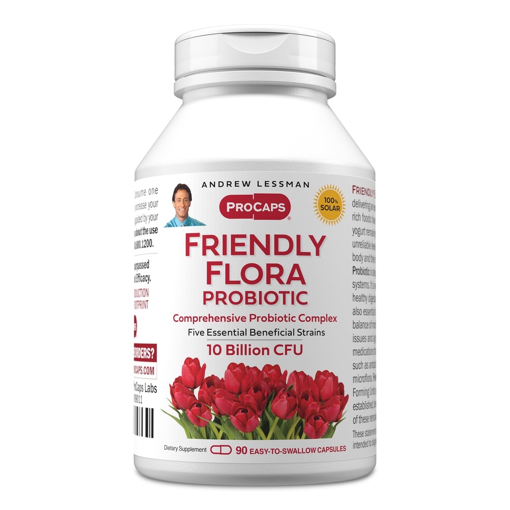 ANDREW LESSMAN Friendly פלורה פרוביוטיקה 90 קפסולות - 10 מיליארד CFU, מגוון רחב של 5 Probiotic Strains, Powerful Immune and Digestive Support. פרוביוטיקה לנשים או לגברים