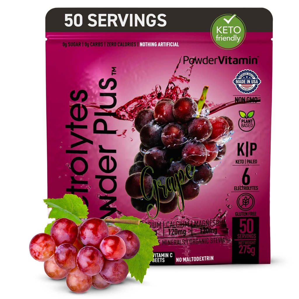 אבקהVitamin אלקטרוליט אבקת פלוס (50 משרתות) Grape Electrolyte אבקת Zero Calorie Keto, 0 סוכר, No Maltodextrin, 1000mg Potassium, 120 מ"ג Calcium, 120 מ"ג מגנזיום, אבקת hydrotion, hydrotion אבקה