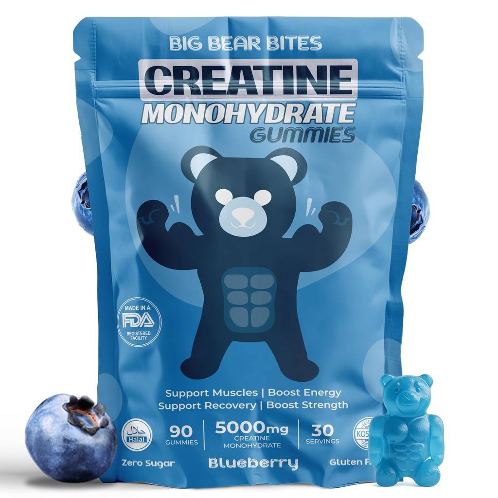Creatine Monohydrate חניכיים עבור גברים ונשים | 5000 מ"ג של חניכיים קרטין לשרת | סוכר, Gluten Free & Halal | חבילת 90 for Pre Workout & Muscle Recovery | Blueberry Flavor