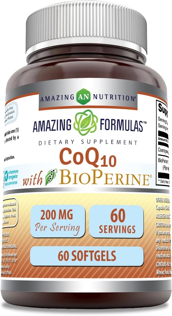 פורמולות מדהימות CoQ10 עם תוסף Bioperine; 200 Mg לכל המשרתים | 60 Softgels | Non-GMO | Gluten-Free | Made in USA