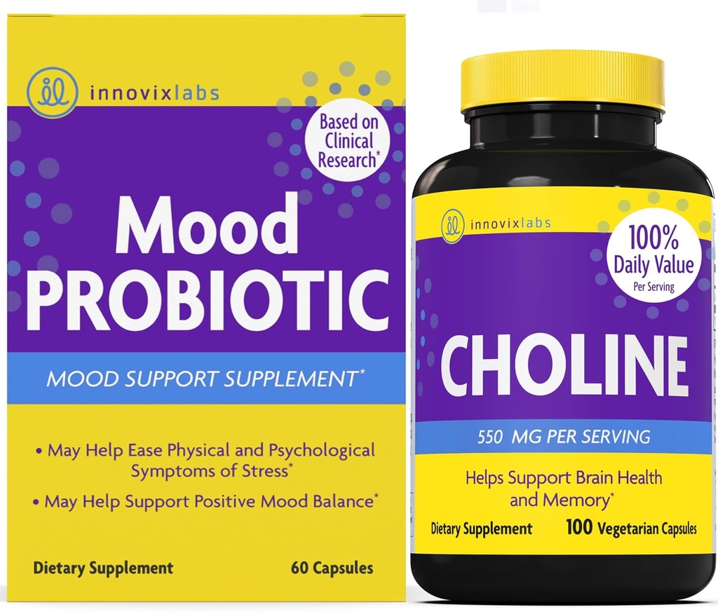 InnovixLabs Choline & Mood Probiotic Bundle Choline Bitartrate 550 מ"ג (100 קפסולות) Mood Probiotic (60 קפסולות). תמיכה בזיכרון, Mood, Brain Health & Boost Cognitive