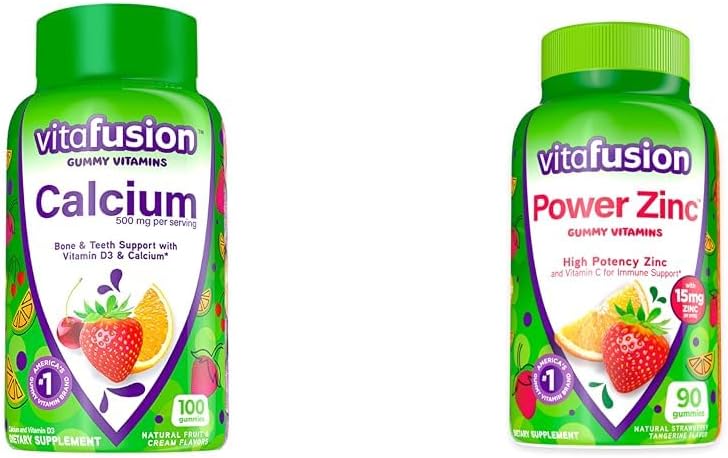 Vitafusion Calcium Gummy ויטמינים לתמיכה בעצמות, 100 Count & Power Zinc Gummy ויטמינים עבור תמיכה Immune, 90 Count