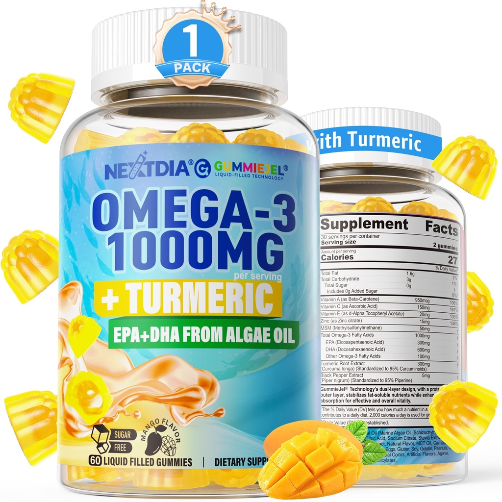 אומגה 3 חניכיים 1000mg + Turmeric - אומגה 3 שמן שמן אלטרנטיבי למבוגרים - Algae DHA 600 מ"ג ו EPA 300 מ"ג, ויטמין A, C, E, Zinc & MSM, סוכר חינם, 60 Cts