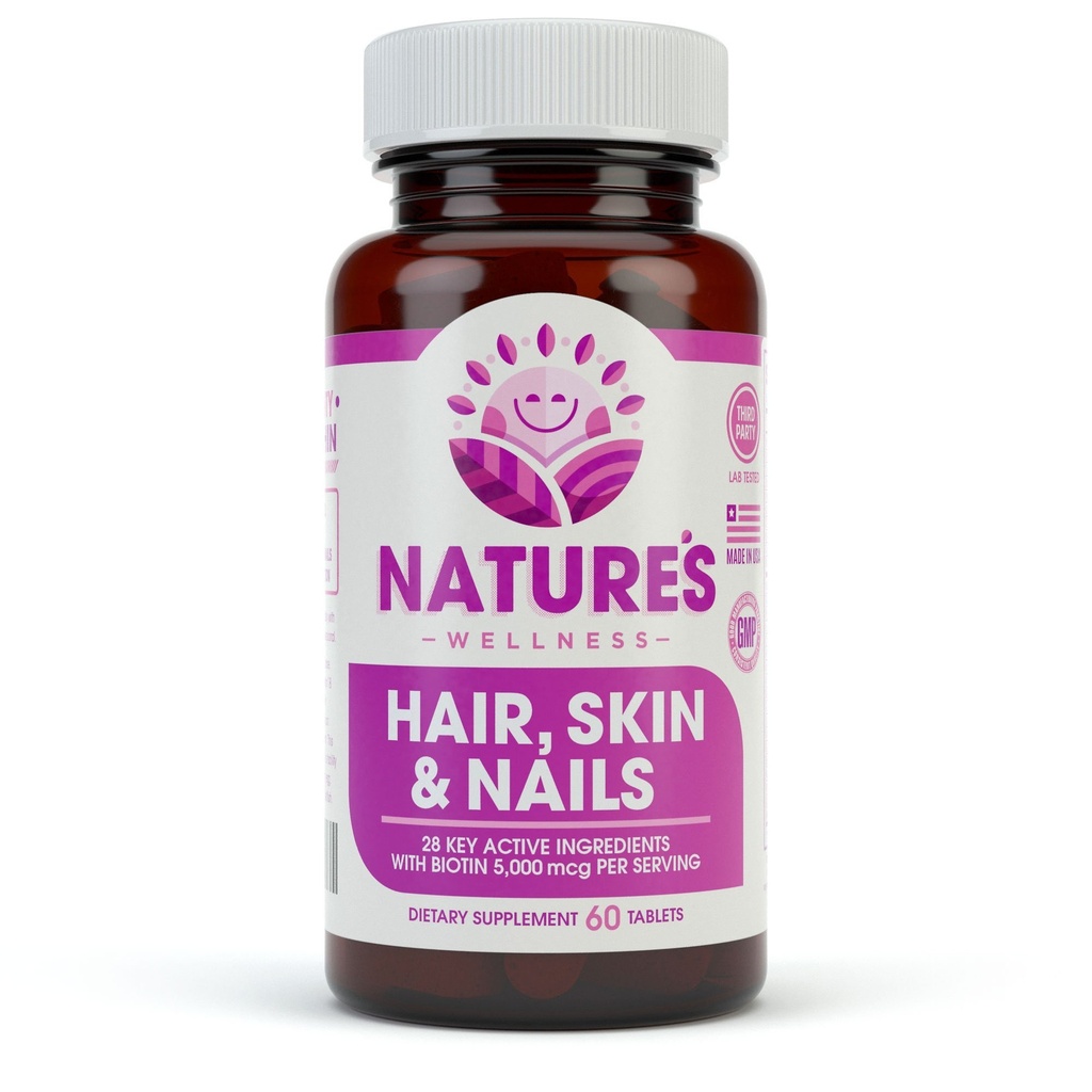 Natures Wellness Hair, Skin & Nails Essential Nourishing תוסף, 60-Count | 4000mcg Biotin + ויטמינים A, C ו- E, B Complex ויטמינים, ומזונות מתקדמים לקפסולה