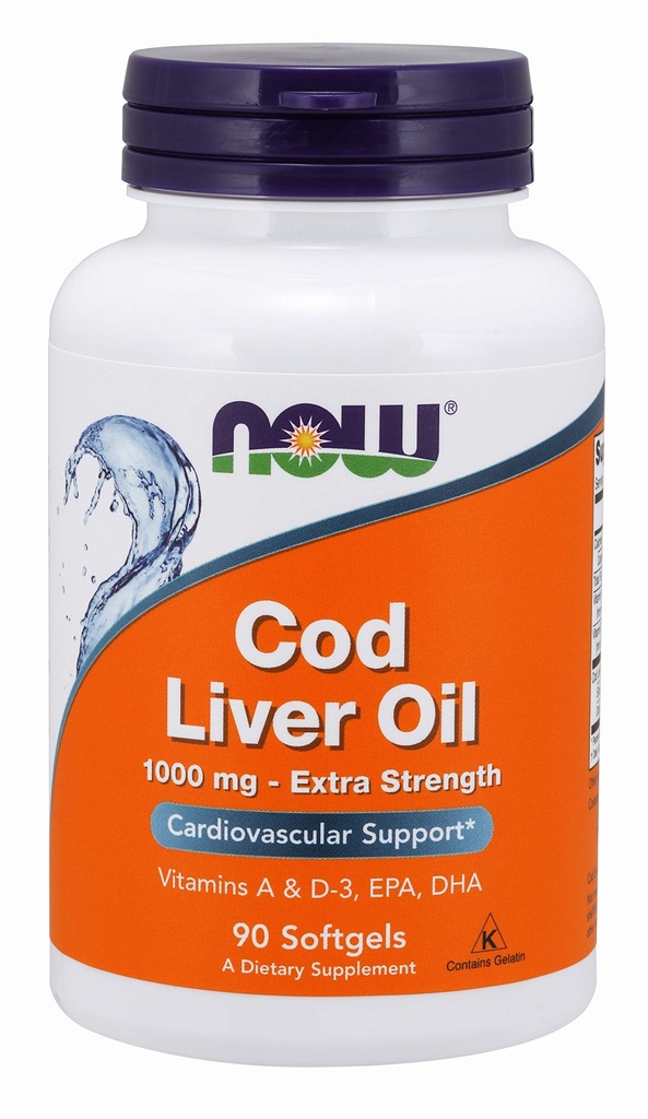 עכשיו תוספי מזון, שמן Cod Liver, תוספת כוח 1000 מ"ג עם ויטמינים A & D-3, EPA, DHA, 90 Softgels