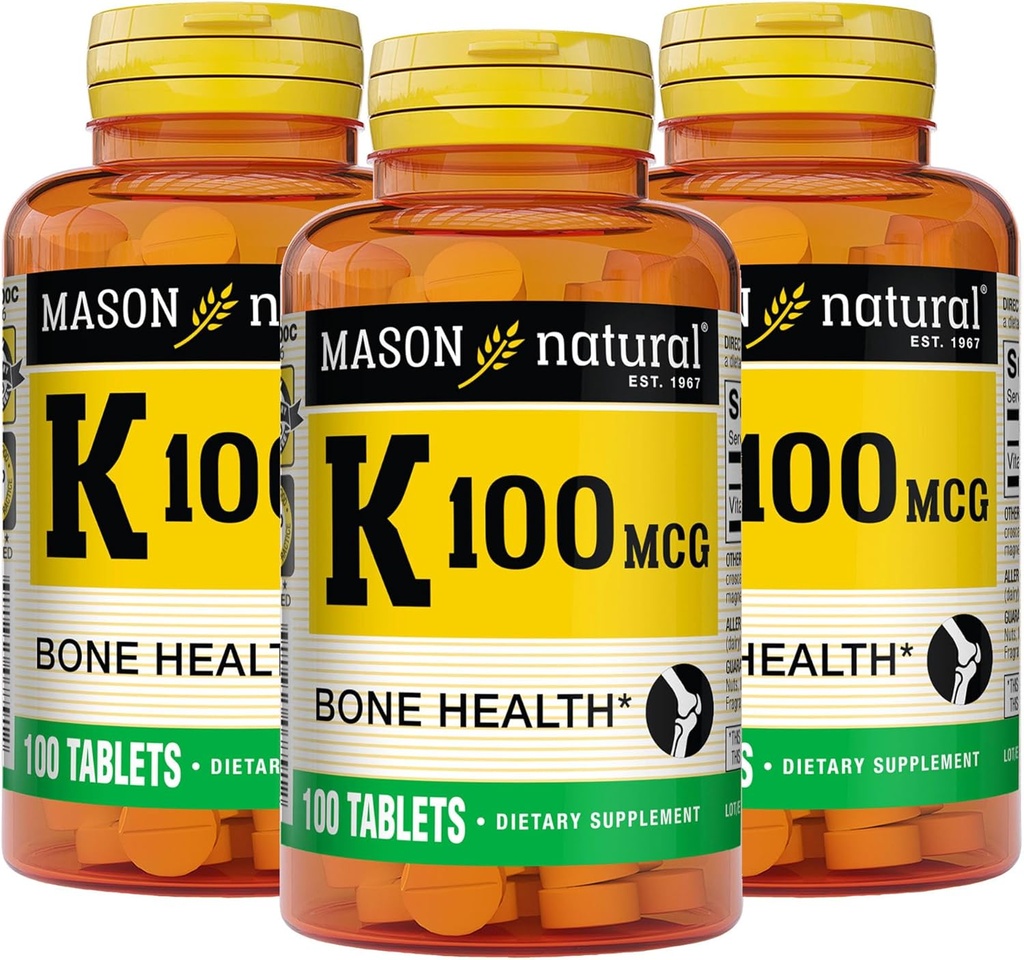 MASON NATURAL ויטמין K 100 mcg, תומך עצמות ובריאות משותפת, עוזר Calcium Absorption, 100 טבליות, Pack של 3
