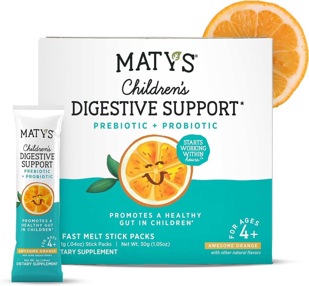 תמיכת ילדים של Matys Children's Digest, Prebiotic & Probiotic אבקת Packs for Kids Digestive Health, Ages 4 Years +, Awesome Orange Flavor, No added Sugar, Gluten Free, Fast Melt, 30 Single Serve Packets