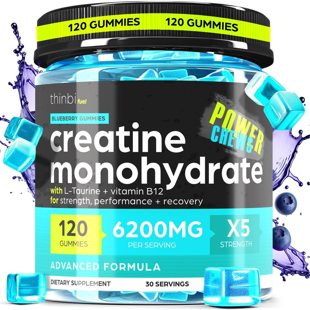 Creatine Monohydrate Gummies מורכב 6200 מ"ג עבור גברים ונשים - 120 חניכיים מתקדמות פורמולה W / L-Taurine + ויטמין B12 עבור כוח שרירים, בונה שרירים, אנרגיה Boost, תוספת טרום-עבודה