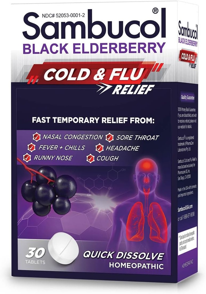 Sambucol Cold and Flu Relief Tablet - Homeopathic Cold Medicine, Cold Remedy for Adults, Black Elderberry for Colds, Zinc Cold Remedy - 30 הרוזן