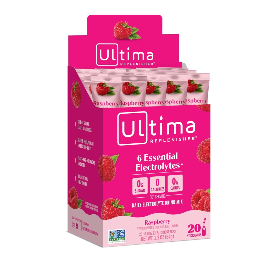 Ultima Replenisher, Electrolyte hydrotion Drink Mix, Raspberry, 20 Count Stickpacks Box - Sugar Free, 0 קלוריות, 0 פחמימות - Gluten-Free, Keto, non-GMO, טבעוני