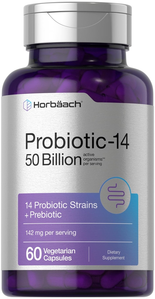 Horbaach Probiotics for Women and Men | 60 קפסולות | 14 Probiotic Strains with Prebiotic | 50 מיליארד אורגניזמים פעילים | Non-GMO & Gluten Free Supplement