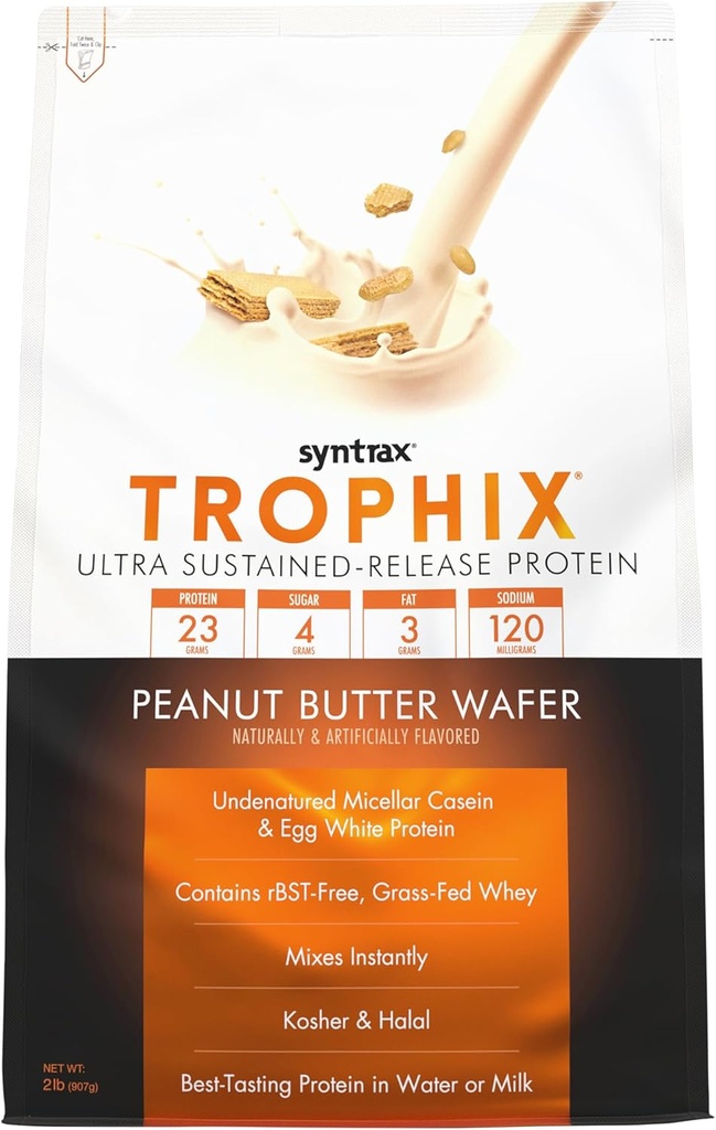 Syntrax Nutrition Trophix, Ultra Sustained-Release אבקת חלבון בלגן, Peanut Butter Wafer 2 lbs, Real Wafer Pieces