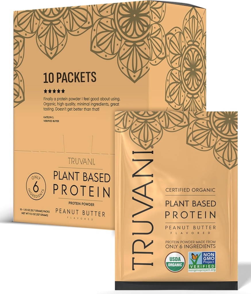 Truvani Vegan Pea אבקת חלבון | Peanut Butter | 20g אורגני צמחי מבוסס חלבון | Single Serve Packets | 10 Serves | Keto | Gluten & Milk Free | Low Carb | לא תוספת סוכר
