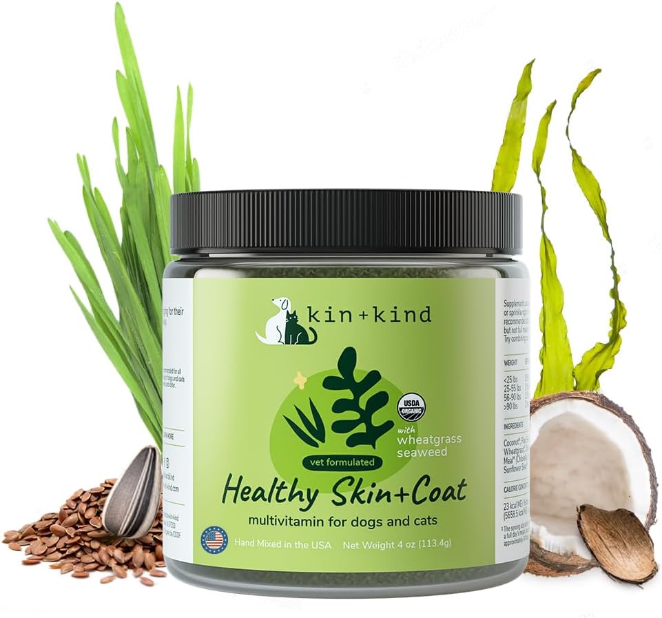kin +kind אורגני Multivitamin עבור כלבים וחתולים - תוספי מזון עבור עור בריא וקואט - בטוח, טבעי פורמולה עם חיטה, Kelp, Seaweed וקוקוס - מיוצר בארה"ב - 4 oz (Medium)