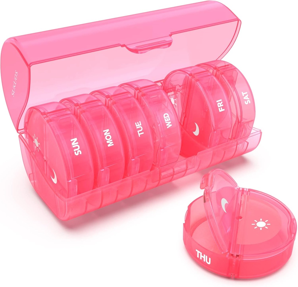 מארגנת גלולות שבועיות 7 יום 2 פעמים ביום, Sukuos Small Travel Pill Box for Pills/Vitamin/Fish Oil/Supplements, Daily Medicine Productionser Box, BPA Free Pill Case, Easy to ניקוי