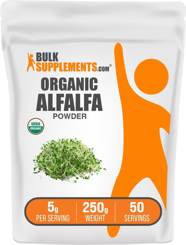 BulkSupplements.com אורגני אלפאפללה צמחית - אלפאפללה תוספת, אבקת סופר ירוק - טבעוני וגלוט חינם, 5g לכל משרת, 250g (8.8 oz) (Pack of 1)