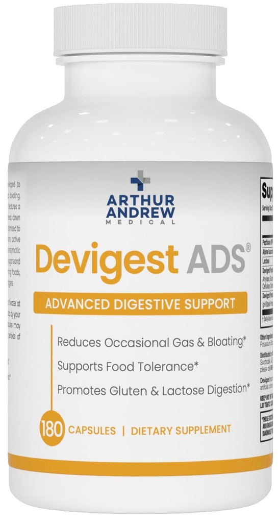 ארתור אנדרו - Devigest ADS, Advanced Digestive Support, Relief for Lactose Intolerance and Casein Sensitivities, Vegan, Non-GMO, 180 קפסולות
