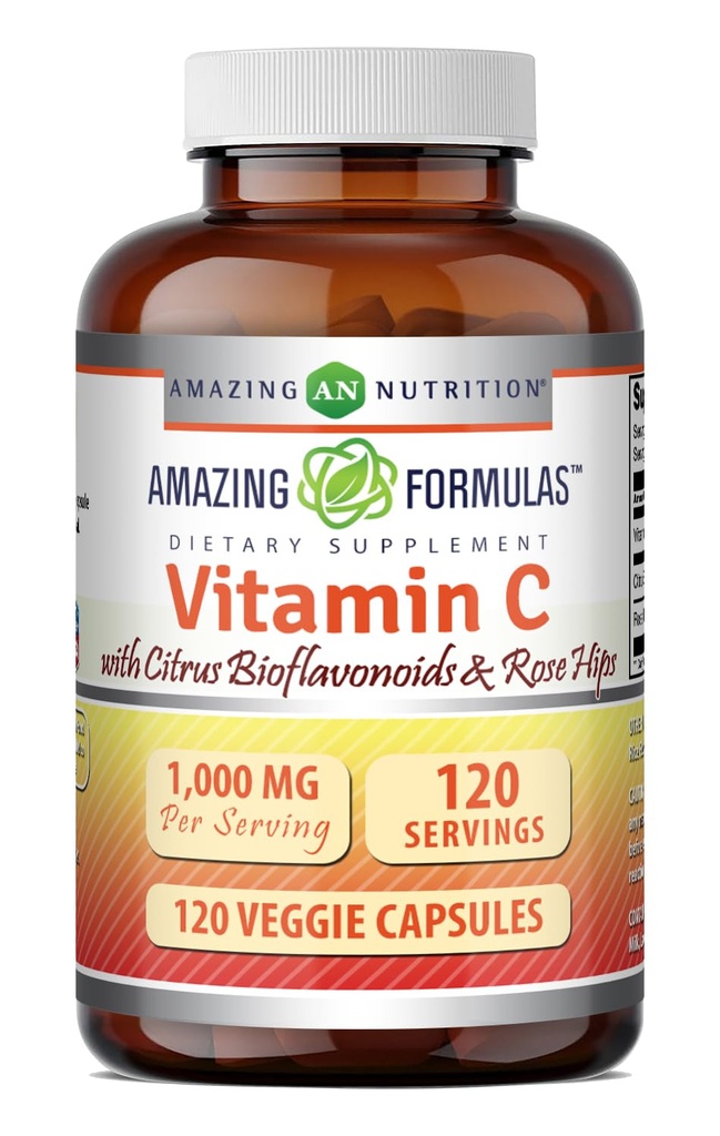 פורמולה מדהימה ויטמין C (Ascorbic Acid) 1000 מ"ג עם רוז HIPS & Citrus Bioflavonoids | תוספי Veggie | Non-GMO | Gluten Free | Made in USA (120 Count)