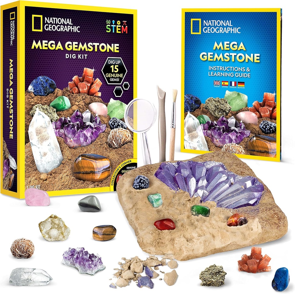 GEOGRAPHIC Mega Gemstone Dig Kit - Up 15 Real Gemstones and Crystals, Science Kit for Kids, Gem Digging Kit, Gift for Girls and Boys, Mining Kit, Rock Collection