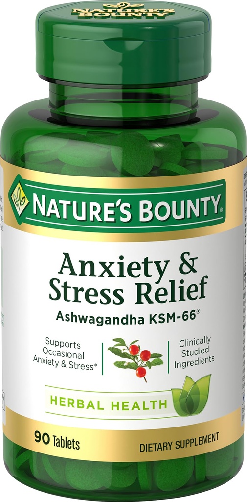 Nature's Bounty Stress Relief, Ashwagandha KSM-66, תומך ב- Occasional Stress Relief, Dietary Supplement, 2 טבליות ליום, טבליות צמחוניות, Gluten Free, 90 Ct