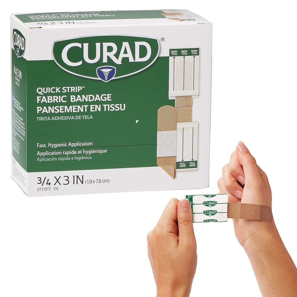 CURAD Quick Strip הבד Adhesive Sterile Bandages with Fast Application, 3/4" x 3, Box of 100
