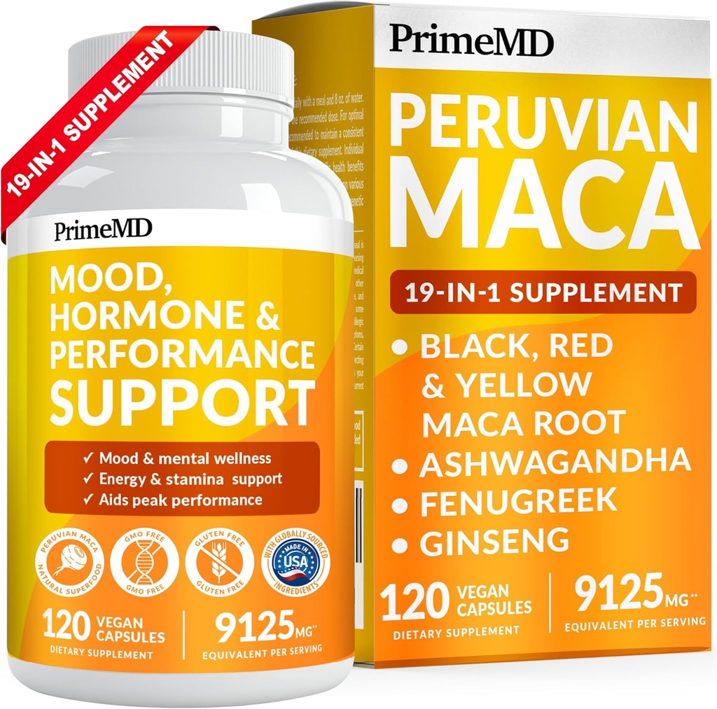 PrimeMD 19-in-1 פרואני Maca Root כמוסות - 9125 מ"ג Ashwagandha תוספי מזון עם Maca Fenugreek וג'ינסנג עבור Mood, הורמון & ביצועים תמיכה (120 קפסולות)
