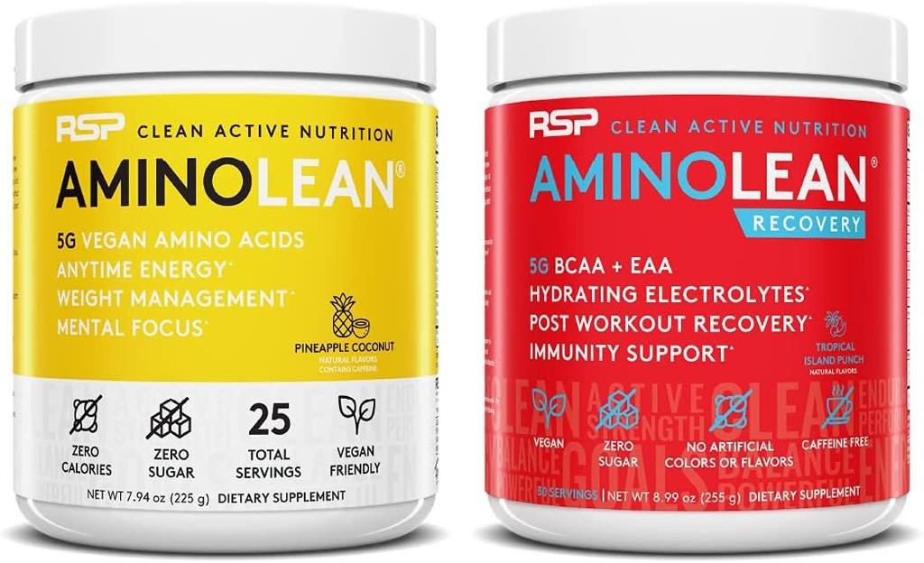 RSP NUTRITION Vegan AminoLean Pre Workout אנרגיה (Pineapple קוקוס 25 משרתות) עם AminoLean Recovery Post Workout Boost (Tropical Island Punch 30 משרתים)