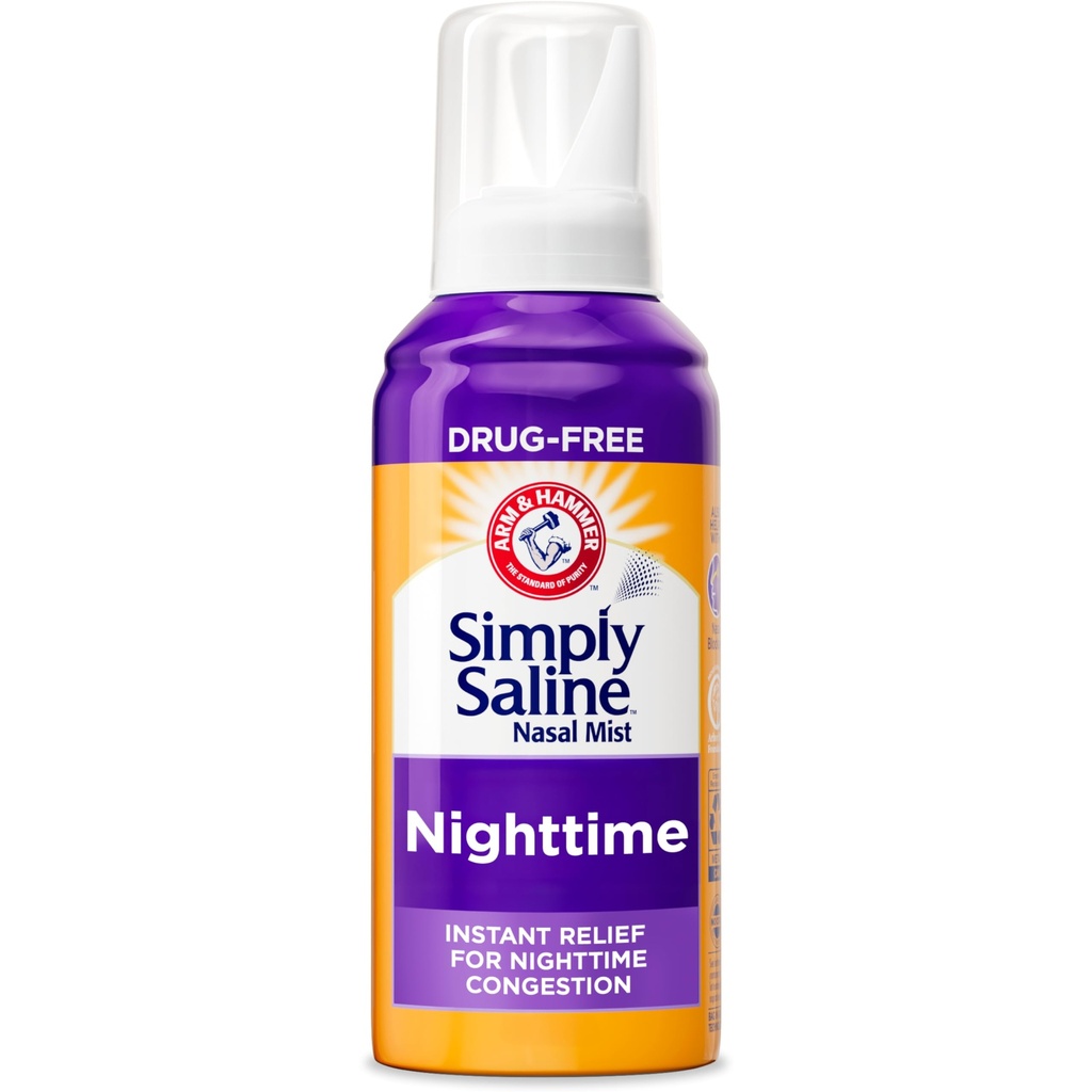 ARM & HAMMER Just Saline Nighttime Drug-Free Mist for Nasalungestion at Night, תוספת כוח, Calming Eucalyptus, Safe to Use with Rx and OTC, for Adults and Kids Ages 2+, 4.6 oz (129 גרם)
